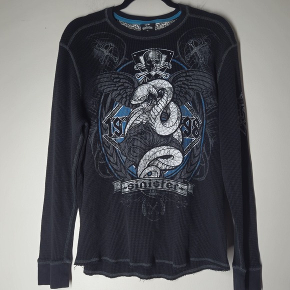 Y2K Sinister Thermal Long Sleeve Graphic Shirt Mens XL MMA Elite Style Grunge - Picture 1 of 7